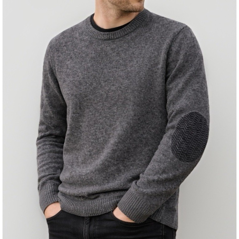 H&M Elbow Patch Wool Sweater Men M Gray Heritage Dark Academia Old Money Classic